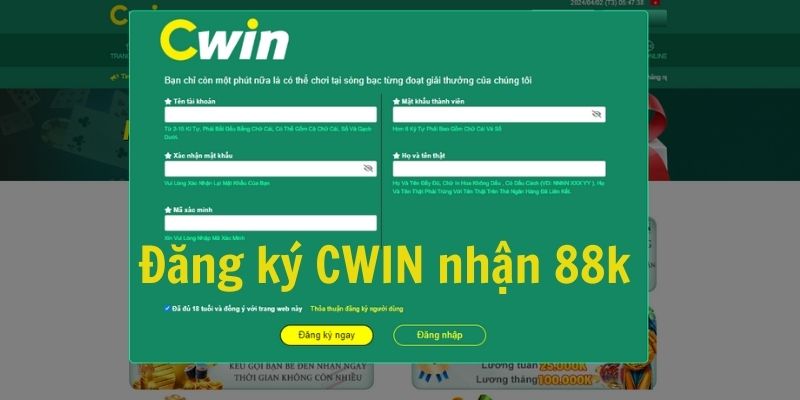 Cwin tặng tiền mặt 88k khi đăng ký thành viên